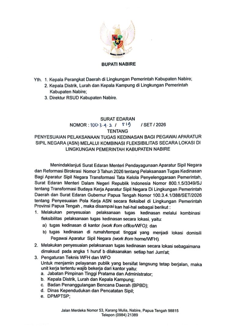 Pemkab Nabire Terapkan Penyesuaian Pola Kerja ASN