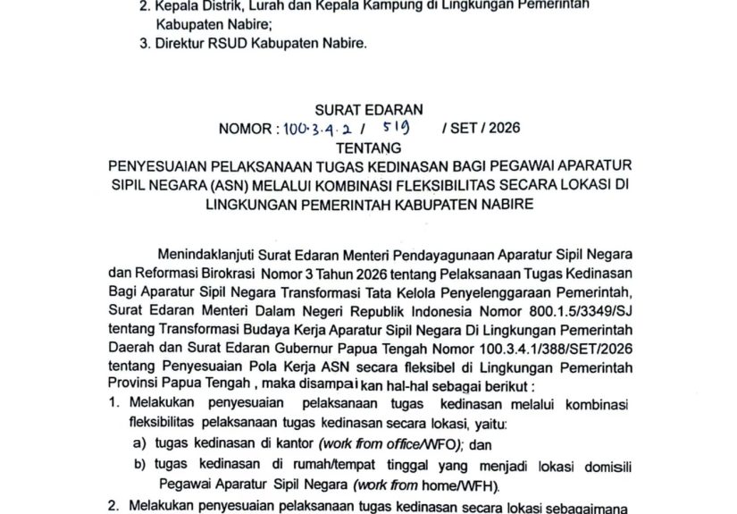 Pemkab Nabire Terapkan Penyesuaian Pola Kerja ASN