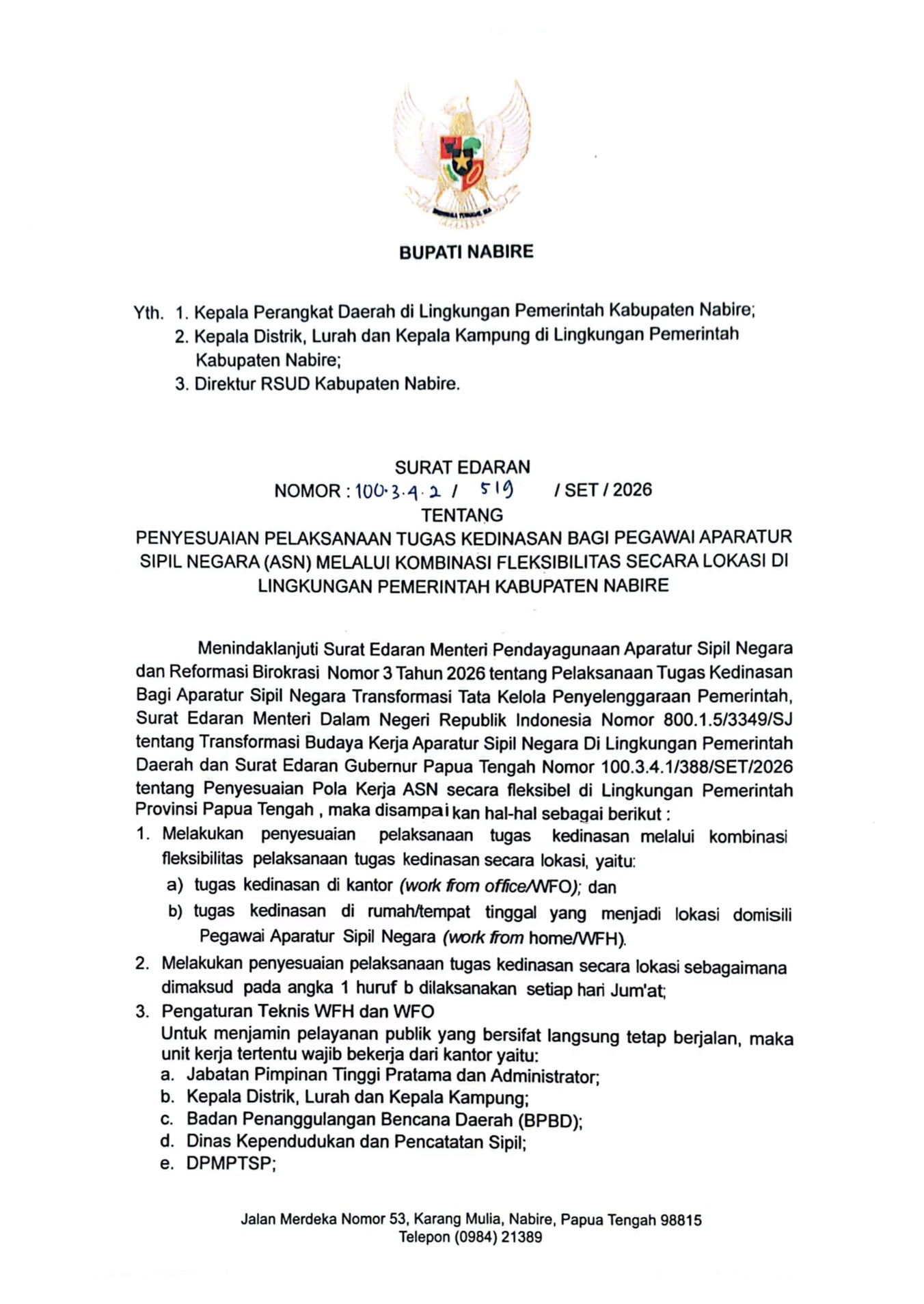 Pemkab Nabire Terapkan Penyesuaian Pola Kerja ASN
